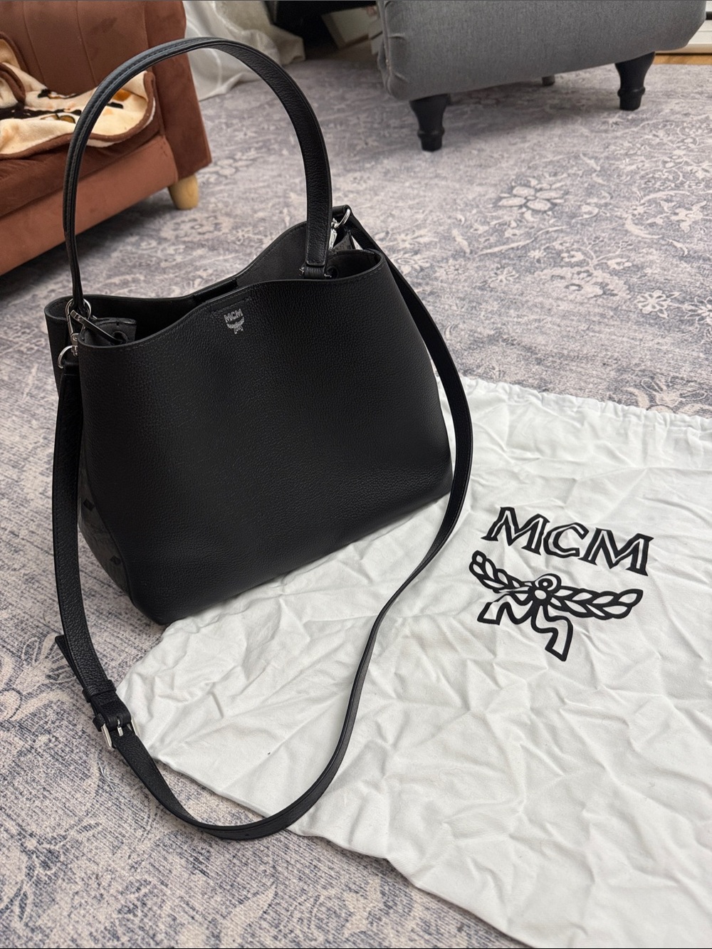 MCM Black Pebbled Leather Shoulder Bag with Detachable Strap
